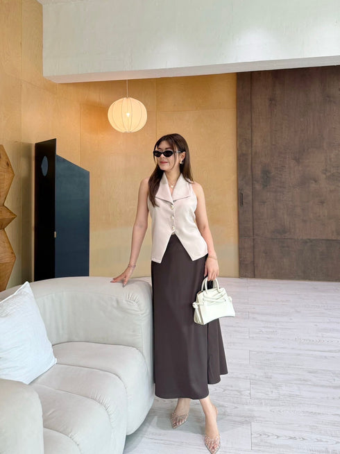 Collar Down Sleeveless Vest With Skirts Sets